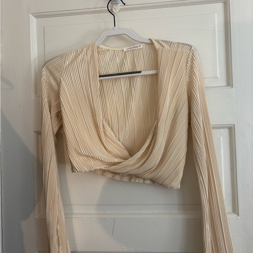 12th Tribe Cream Ribbed Long Sleeve Crop Top